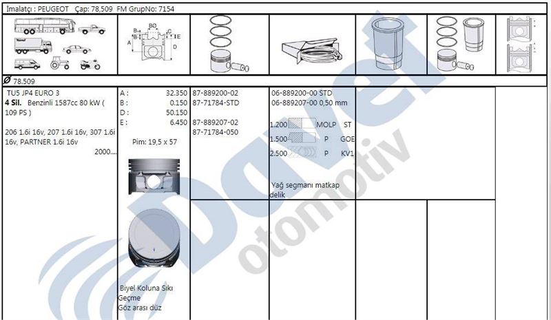 GOETZE 68892070G Motor Segmani P206-P207-P307-Partner-C3-Berlingo 1.6 Ie 16v Tu5-Jp4 00 >78.50 Mm 0.50